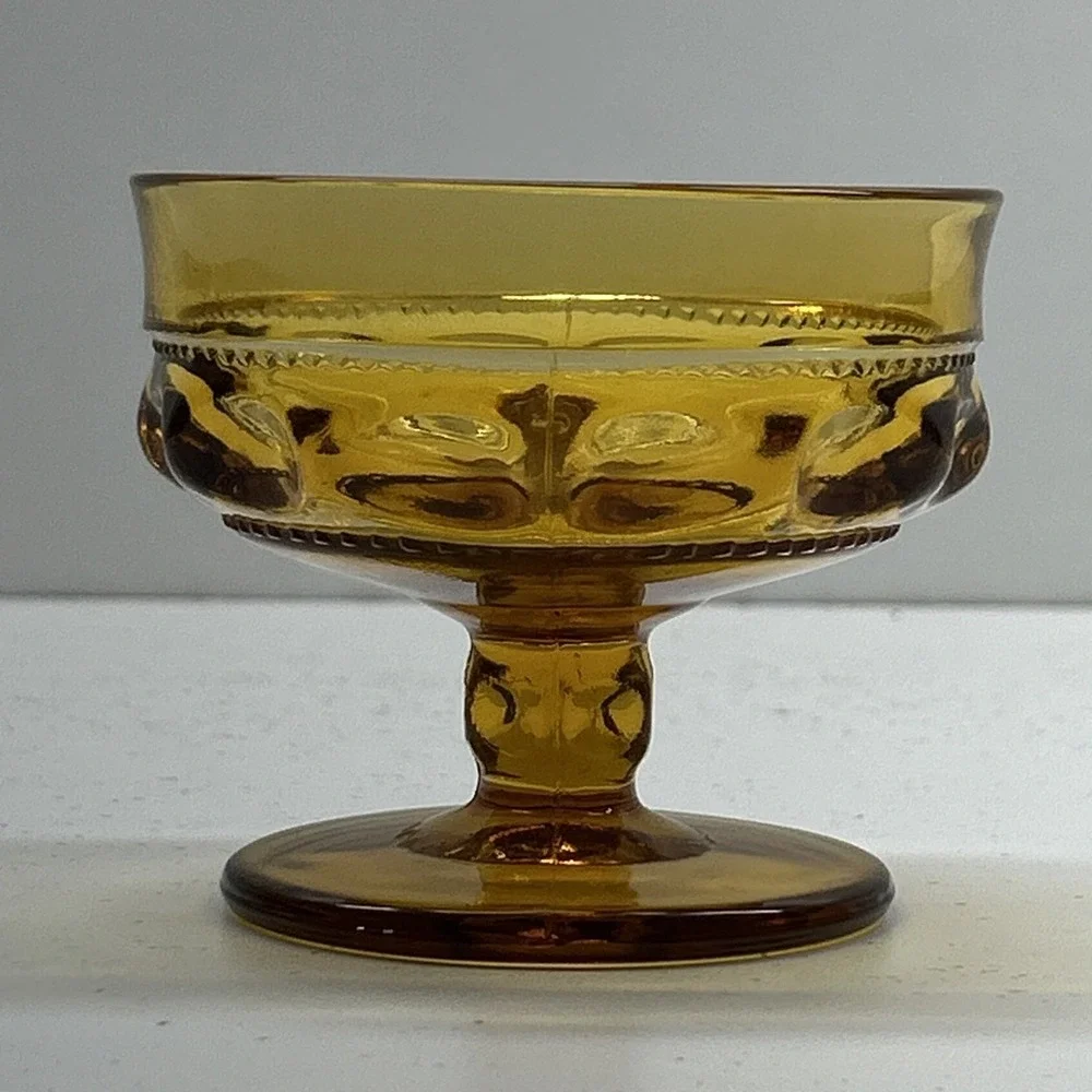 Vintage Amber Glass Pedestal Dessert Bowl | Pressed Glass Sherbet Compote‎